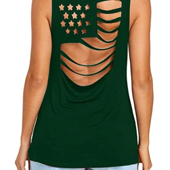 Womens GREEN American Flag Pattern Sleeveless Tank - Picture 2 of 4